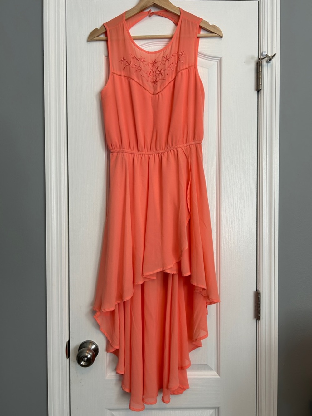 Coral Sleeveless Hi-Low Chiffon Dress with Embroidered Yoke